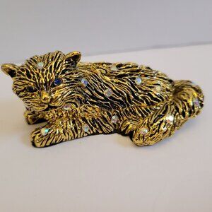 Jeweled Gold Cat Trinket Box With Hinged Lid & Velvet Lining